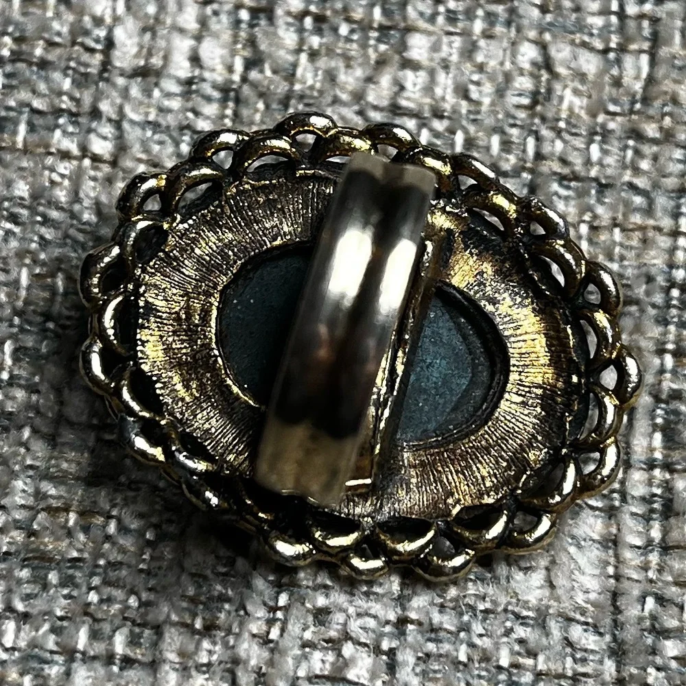 Vintage Chunky Faux Turquoise Gold Tone Statement Costume Adjustable Ring Ornate